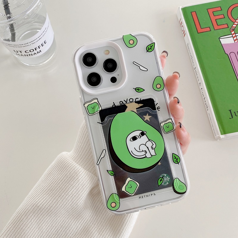 Pelindung 3in1 Untuk iPhone Case14 13 12 11 Pro Max Desain Lengan Kartu IPX XR XS Max7 8 Plus Kartun avocado