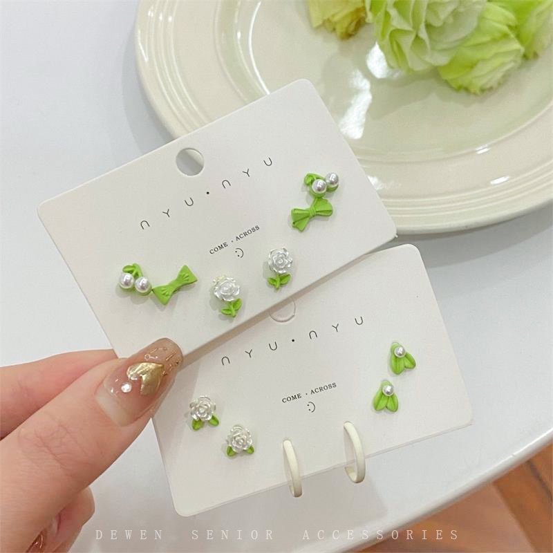 6pcs Anting Bunga Hijau Indah Mini Segar Ear Studs Perhiasan Fashion Untuk Gadis Manis