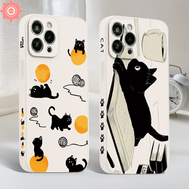 IPHONE Casing Ponsel Kompatibel Untuk Iphone11 13 12 14 11 Pro Max 7Plus XR 6 7 8 6S Plus X XS Max SE 2020 Kartun Kucing Lucu Tali Bermain Tepi Lurus Pola Samping Lucu Tpu Soft Cover