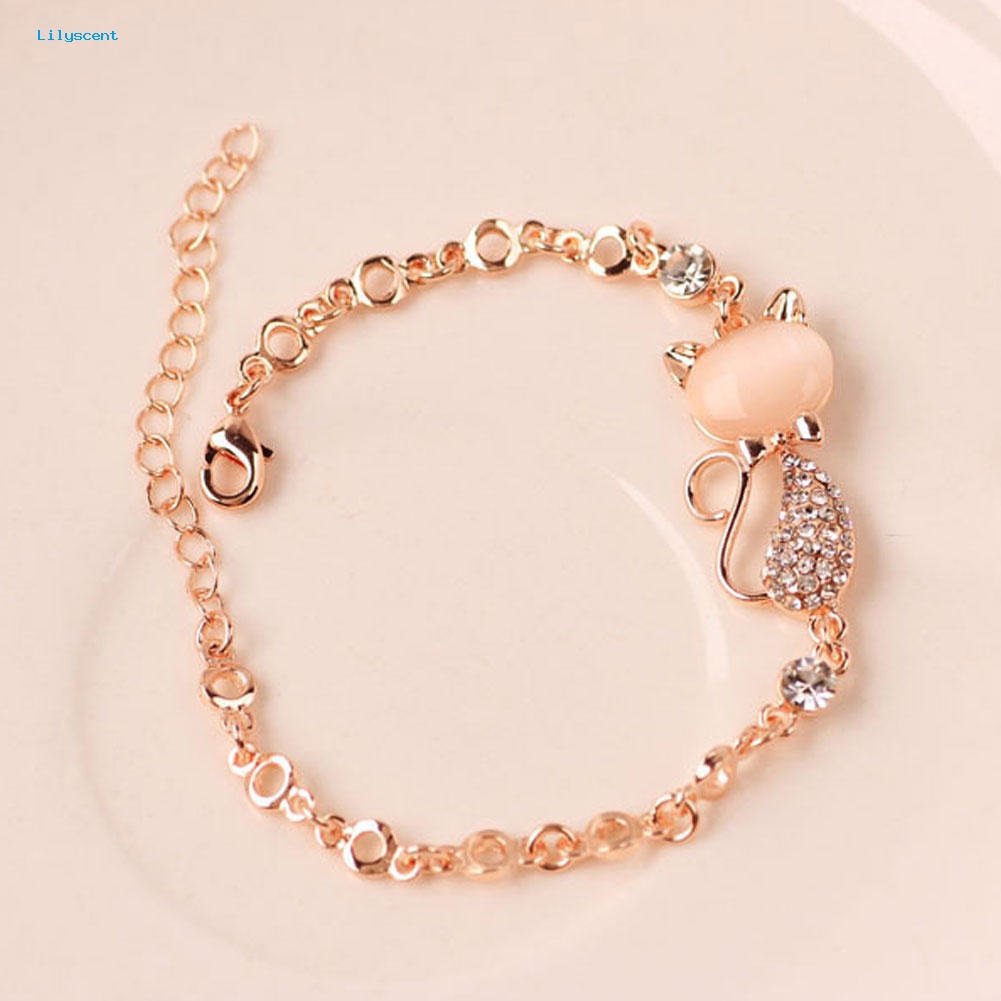 Lilyscent Fashion Bentuk Kucing Imitasi Opal Berlian Imitasi Hias Pesona Lady Bangle Gelang Perhiasan