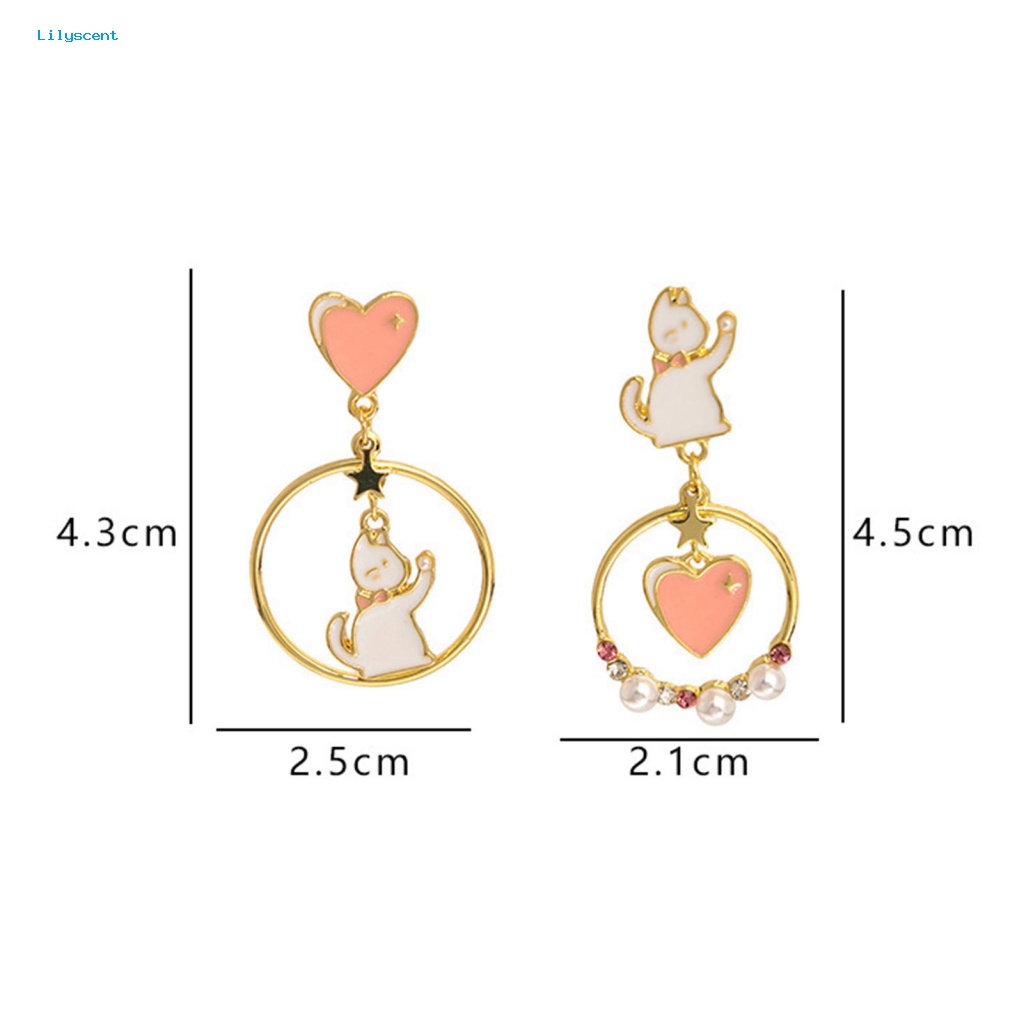 Lilyscent 1pasang Electroplating Wanita Anting Perhiasan Aksesoris Kartun Kucing Cinta Hati Gadis Drop Earrings Ring