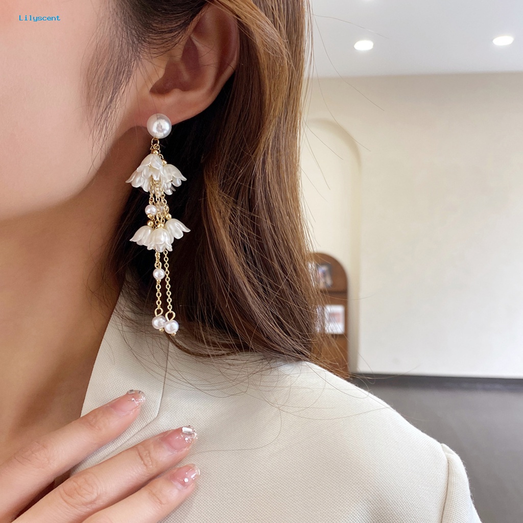 Lilyscent 1pasang Burrs-free Tassel Earrings Untuk Pacaran Lady Elegan Rantai Panjang Rumbai Anting Bunga Liontin