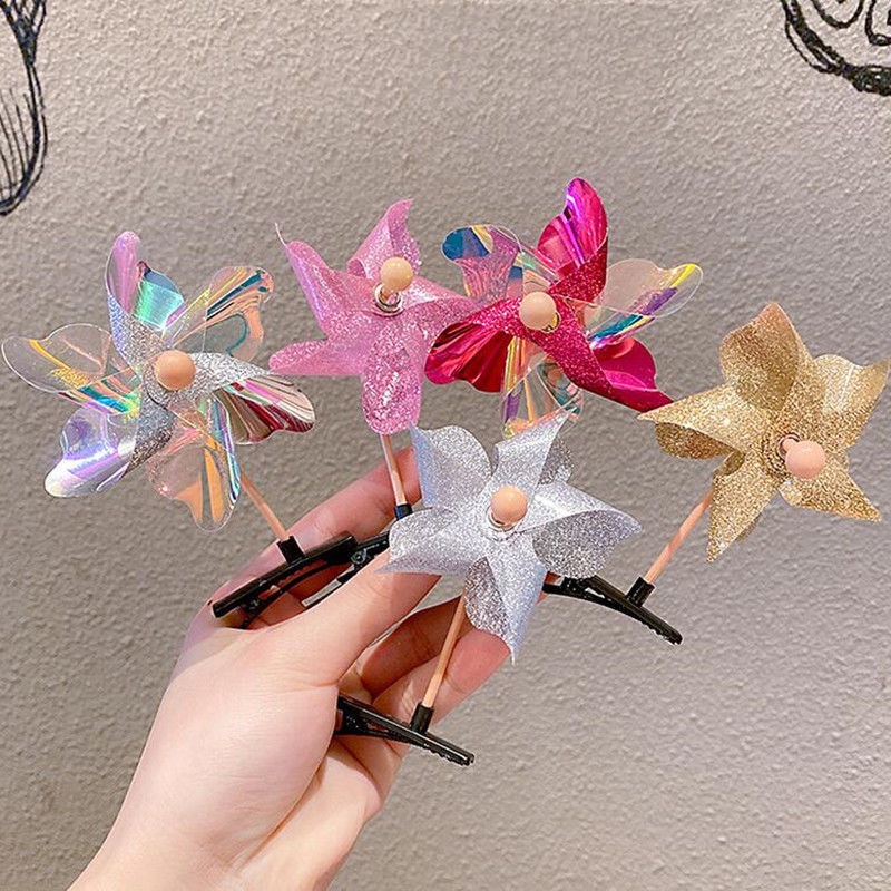 Aksesoris Rambut Kincir Angin Kecil Mini Windmill Hair Clip 1Pc Random Lucu Laser Payet Rotary Windmill Hairpin Gadis Kreatif Anak Kids Wind-Mill Mainan Luar Ruangan Warna-Warni