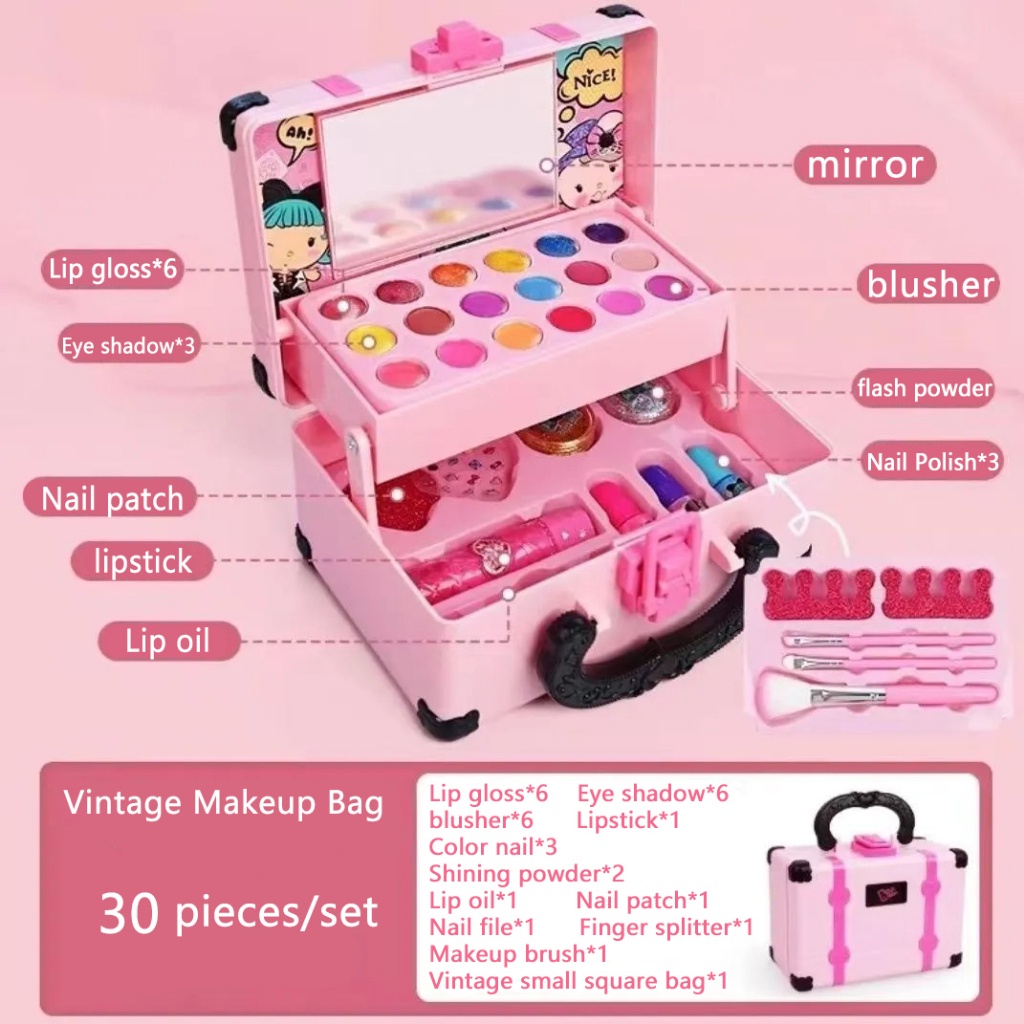 33 pcs Set Rias Anak Tidak Beracun, Set Mainan Kosmetik yang Dapat Dicuci, Set Mainan Kosmetik Berpura-pura Permainan Putri Perona Mata Perona Pipi Lipstik Rias