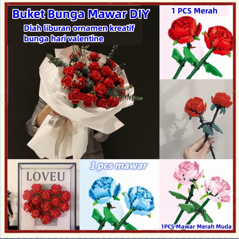 【COD】Mainan Balok DIY Flower Rose Flower Mawar Block Bangunan Flower Bouquet Buket Bunga Blok Susun DIY Untuk Dekorasi Meja Hadiah Ulang Tahun Bunga Mawar