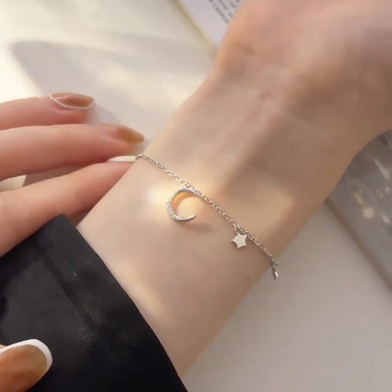 Roselife Korea s925 Perak Mengkilap Kristal Bintang Bulan Pesona Gelang Untuk Wanita Gadis Indah Langit Berbintang Pergelangan Tangan Rantai Gelang Musim Panas Fashion Perhiasan Hadiah