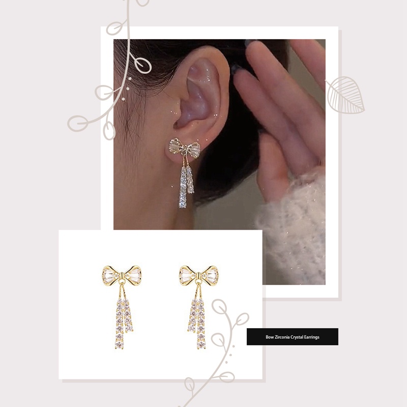 Indah Berlian Imitasi Busur Anting Drop Earrings Bling Cubic Zirconia Temperamen Anting Rumbai Untuk Wanita Berlapis Emas Pengantin Pernikahan Pertunangan Hadiah Anniversary