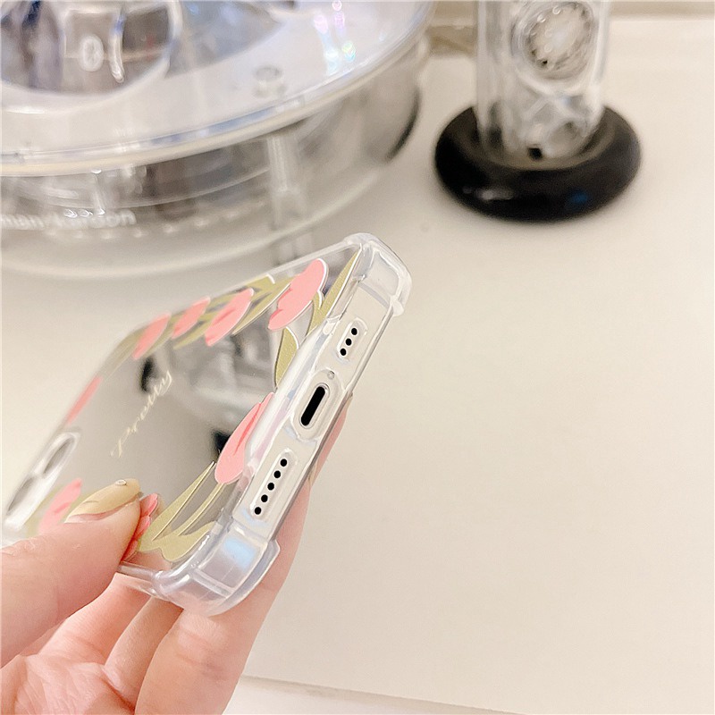 【Anti Fall Mirror】Pretty Silver Makeup Silicone Soft Case Iphone 6S 7 8 Plus X XR XS Max IPhone 11 12 13 14 Pro Max 14 Plus 7+ 8+ 12 13 mini for Women Girl Ins Pink Tulip Flower