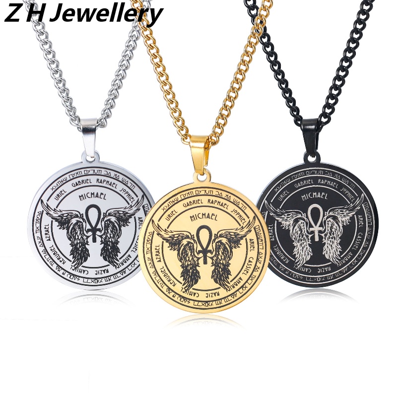 Z H Perhiasan Hip Hop Rock Stainless Steel Malaikat Agung Michael Jimat Liontin Pria Dan Wanita Fashion Baja Titanium Kalung Retro Punk Aksesoris Pesta