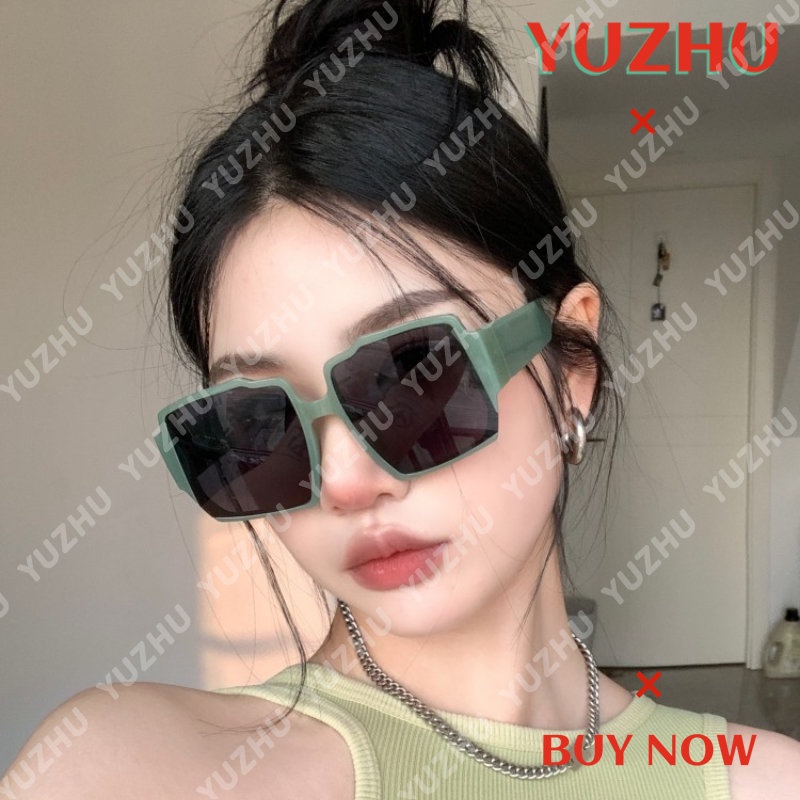 (YUZHU) Western Fashion Hijau Oversized Square Frame Wide Temple Kacamata Hitam Anti UV Untuk Wanita