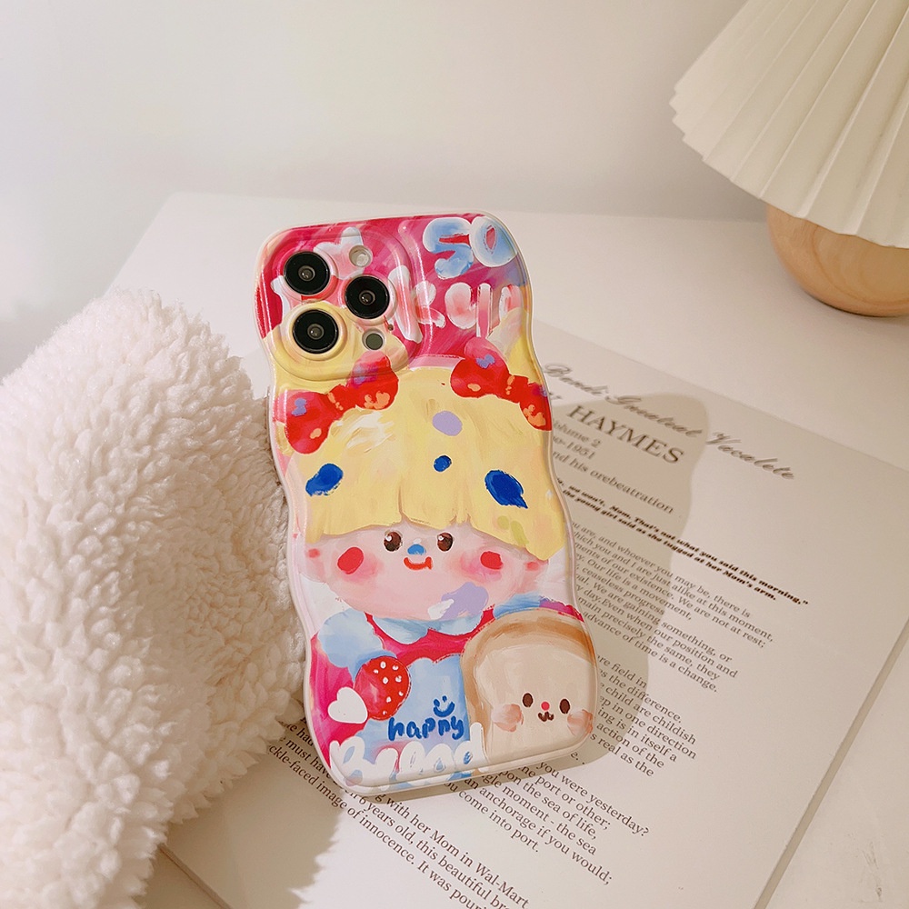 IPHONE Gadis Lucu Lukisan Cat Minyak Lembut Perlindungan Penuh Gelombang Berbentuk Kamera Pelindung Lensa Ponsel Case Cover Untuk Iphone11 12 13 14 PLUS PRO MAX
