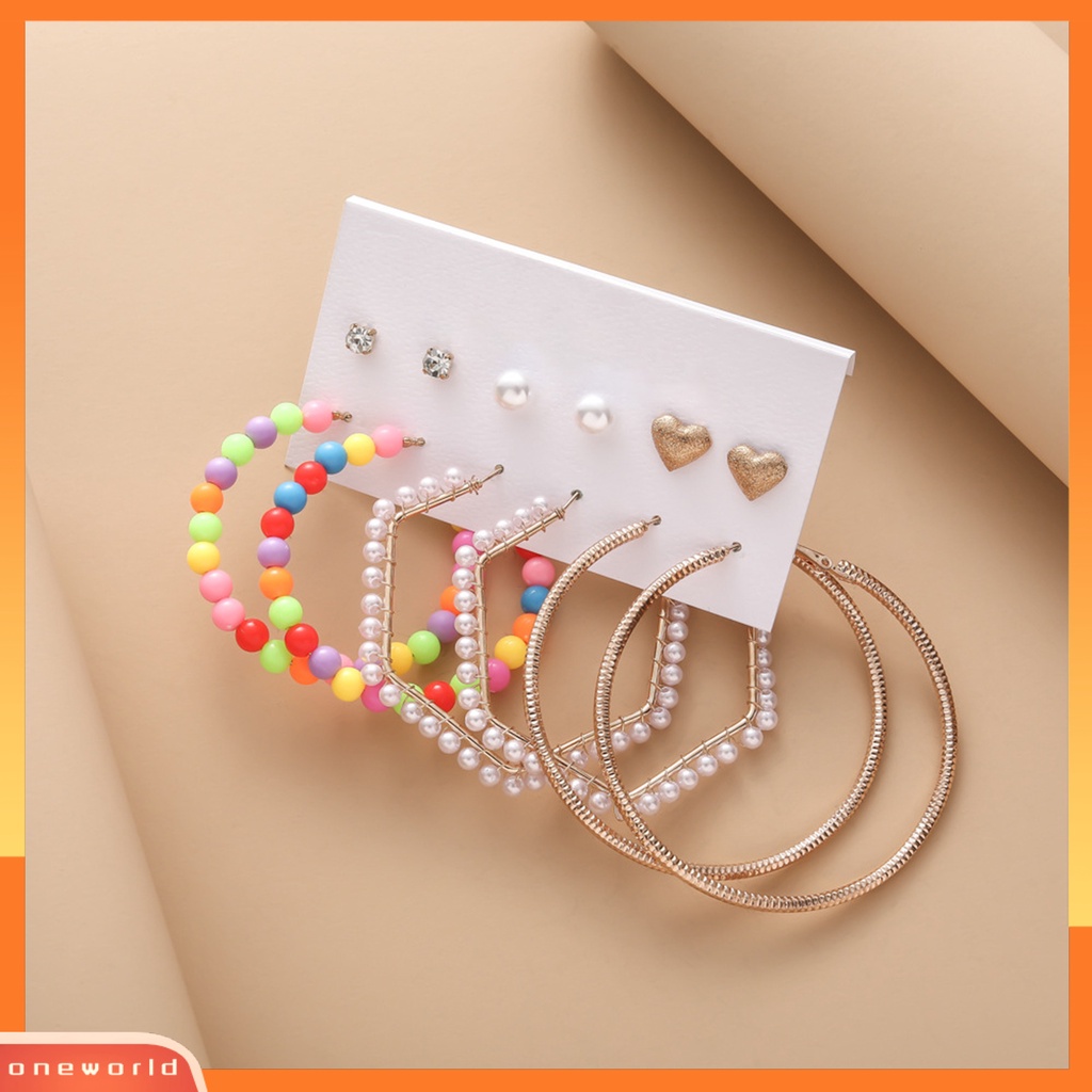 [EONE] 6pasang Wanita Anting Multicolor Mini Beads Rhinestones Bertatahkan Alloy Perhiasan Temperamen Telinga Dekorasi Geometris Hoop Earrings Studs Set Aksesoris Pakaian Pesta