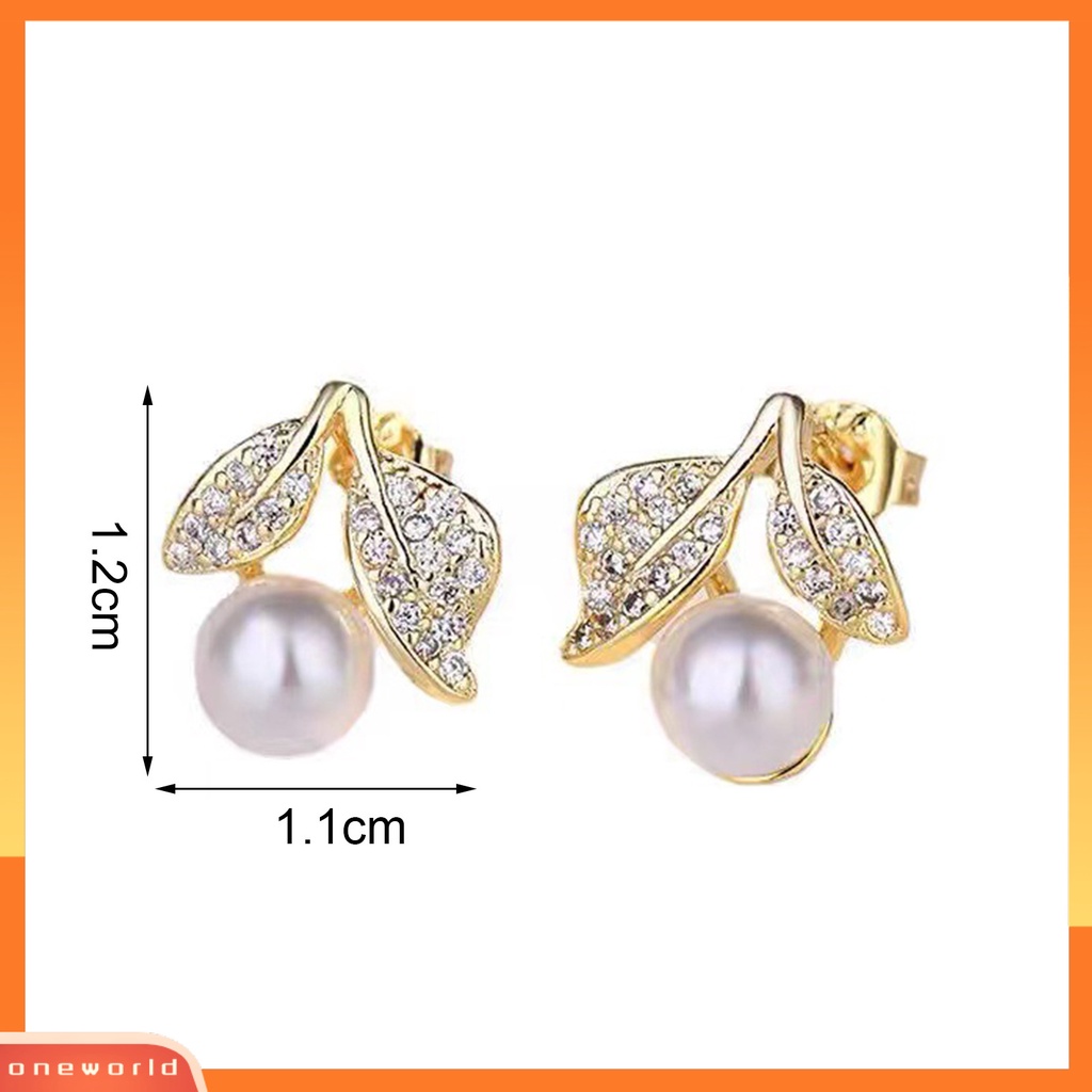 [EONE] 1pasang Ear Studs Dainty Elegan Bling Berlian Imitasi Golden High Gloss Daun Mutiara Imitasi Wanita Anting Perhiasan Aksesoris