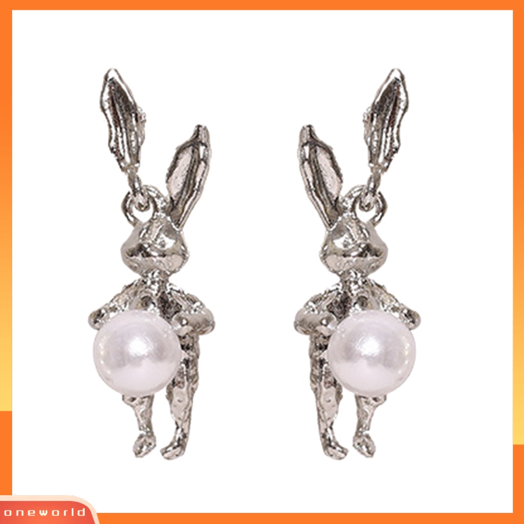 [EONE] 1pasang Ear Studs Lucu Warna Silver Membawa Keberuntungan High Gloss Faux Pearl Rabbit Kelinci Wanita Anting Perhiasan Aksesoris