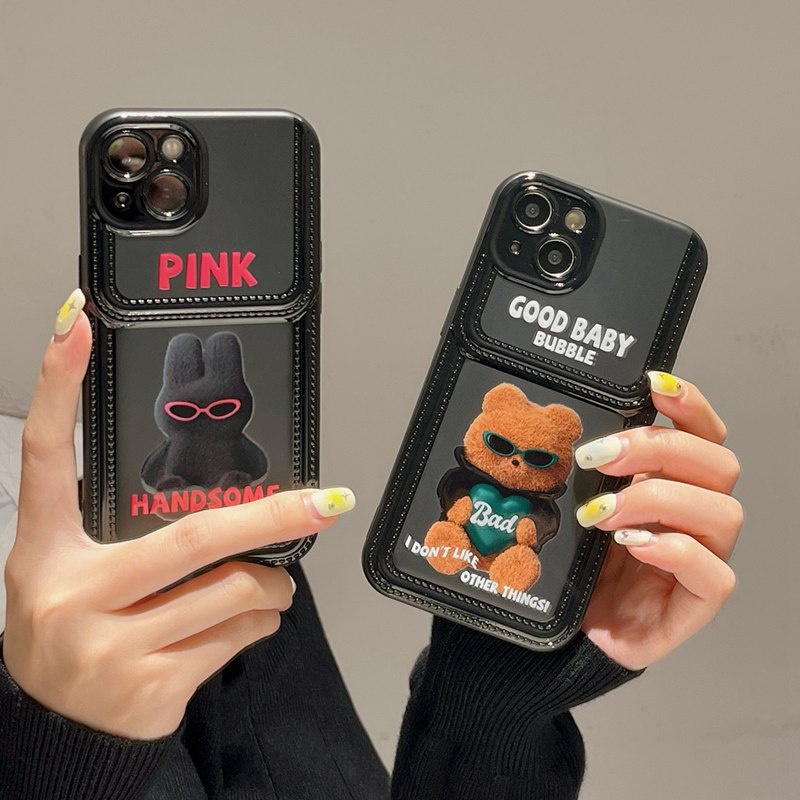 New Imitation Cream Bag TPU Case for iPhone 12 13 14 Pro Max Black Soft Silicone Case for Women Girl's Fashion Cool Black sunglasses Rabbit Bear Couple