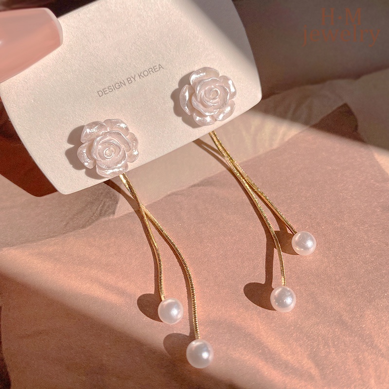 Anting Rumbai Mutiara Panjang Bunga Camelia Simple2023New