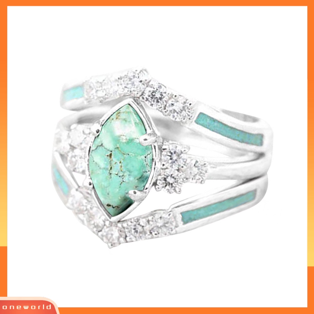 [EONE] Wanita Cincin Vintage Rusak Imitasi Turquoise Alloy Mewah Kepribadian Hadiah Berlian Imitasi Bertatahkan Jari Cincin Fashion Perhiasan