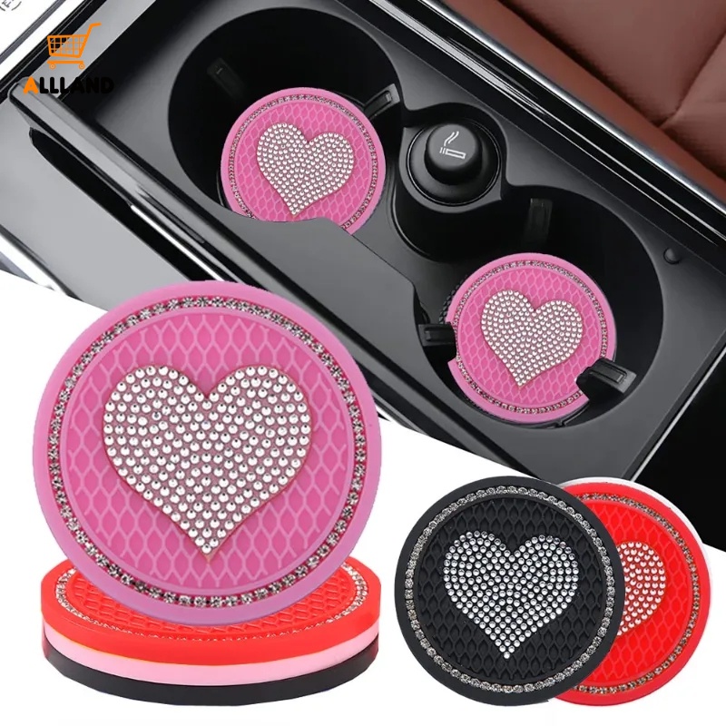 Creative Heart Rhinestone Inlay PVC Car Round Coaster/Otomotif Honeycomb Anti-slip Cup Pad/Alas Botol Minum Interior Kendaraan Universal