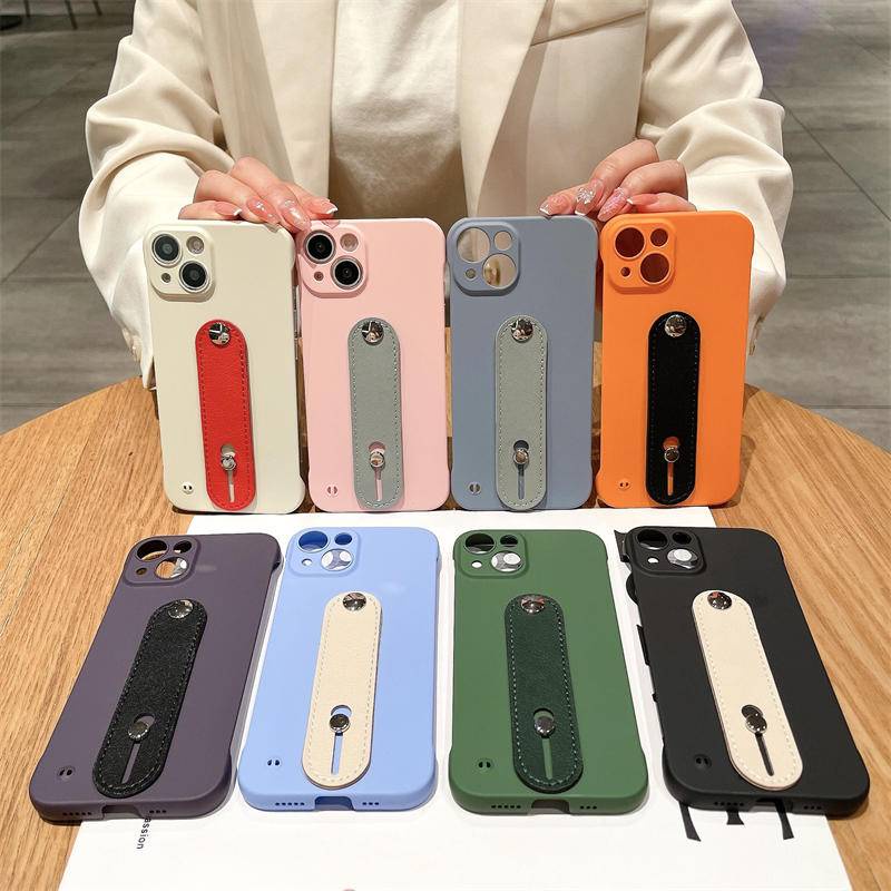 IPHONE Slim Frameless Leather Wrist Strap Holder Phone Case Untuk Iphone14 13 12 Pro MAX Plus Sarung PC Keras Tahan Guncangan Untuk Iphone11