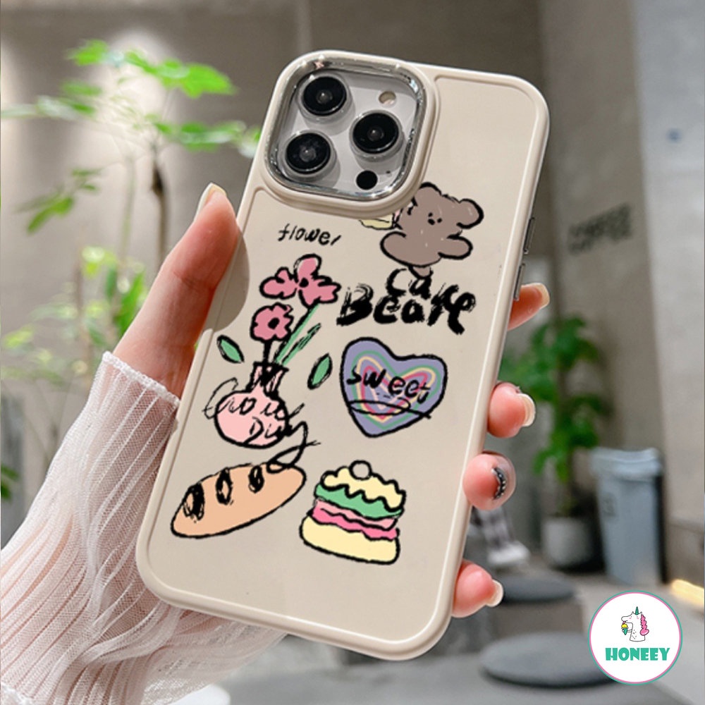 IPHONE Ins Graffiti Bear Flower Cake Phone Case Untuk Iphone14 13 12 11 Pro Max Perlindungan Kamera Metal Hybrid Phone Cover