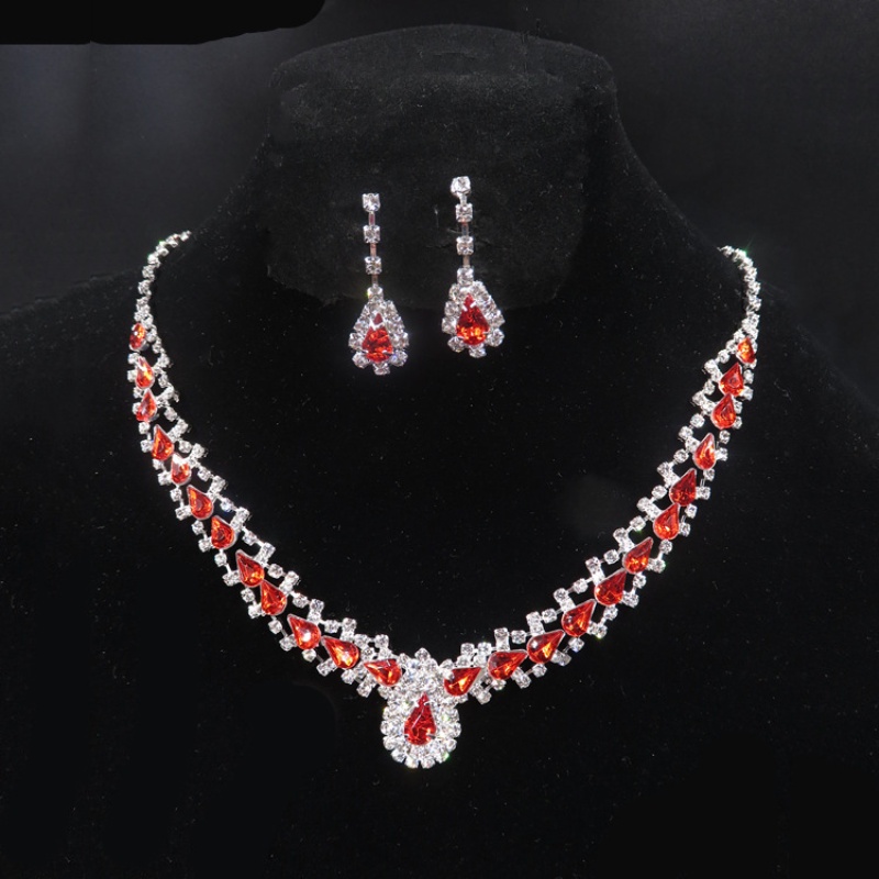 Set Aksesoris Pernikahan Pengantin Fashion Korea Cantik Kalung Droplet Merah