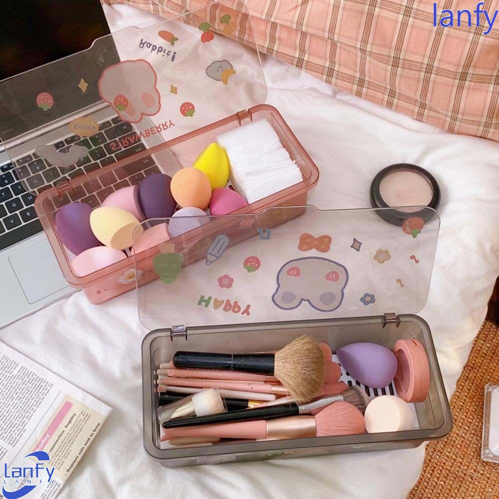 Lanfy Organizer Kosmetik Plastik Transparan Portable Kecantikan Telur Persegi Panjang Kapasitas Besar Dengan Tutup