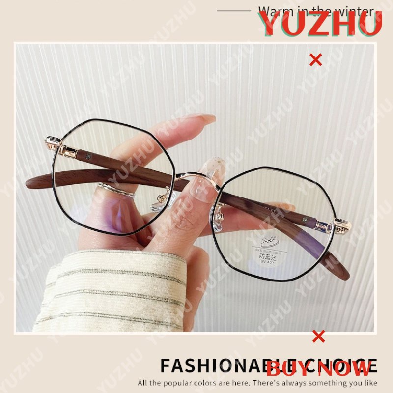 (YUZHU) Vintage Fashion Bingkai Logam Kacamata Poligonal Serat Kayu Candi Anti Cahaya Biru Eyeglasses Unisex