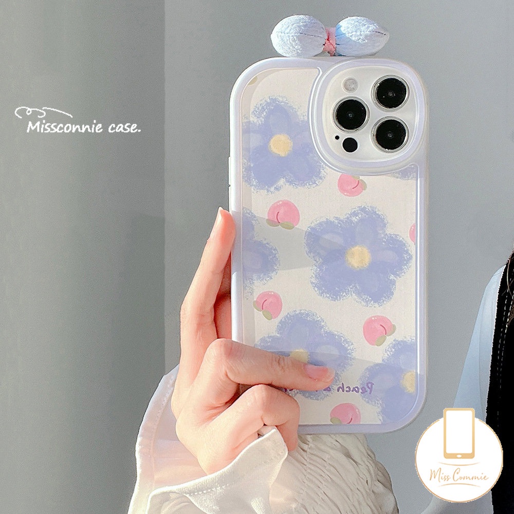 IPHONE Kartun Lucu 3D Ikatan Simpul Menghias Ponsel Case Kompatibel Untuk Iphone11 14 13 12 Pro Max XR X XS Max 7plus7 8 6 6s Plus SE 2020 INS Lukisan Cat Minyak Bunga Biru Musim Panas Peach Soft Case