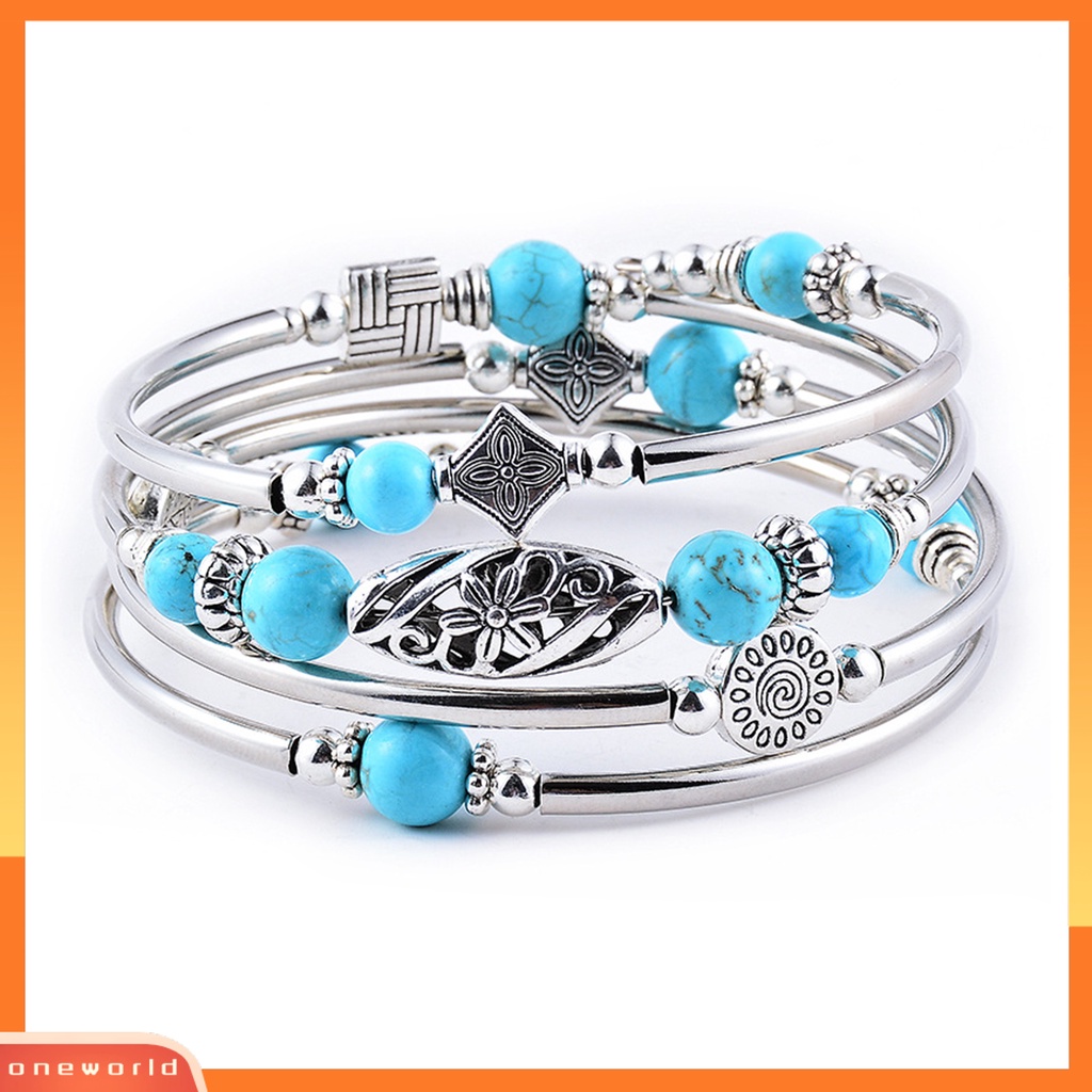[EONE] Wanita Bangle Batu Alam Etnik Multi Layered Retro Biru Turquoise Beads Bungkus Gelang Perhiasan Aksesoris