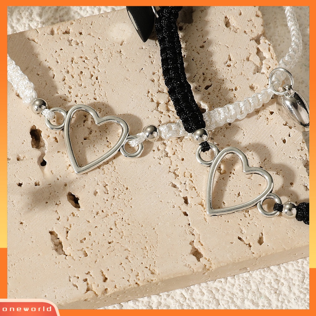 [EONE] 2pcs Gelang Tangan Tenun Adjustable Strand Hand Made Tahan Aus Dekorasi Geometris Berongga Pencocokan Jarak Jantung Gelang Aksesoris Pakaian