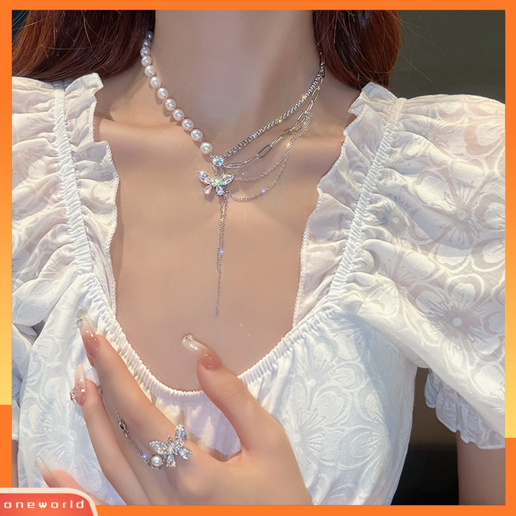 [EONE] Wanita Kalung Multi-Layer Mutiara Imitasi Link Rantai Splicing Berlian Imitasi Kupu-Kupu Jumbai Klavikula Kalung Jari Cincin Perhiasan Fashion