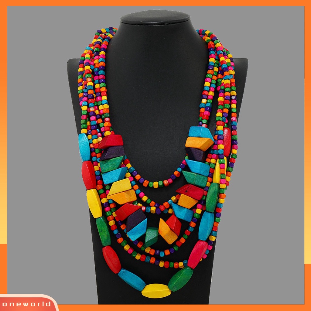 [EONE] Pesta Kalung Berlebihan Vintage Multilayer Handmade Colorful Beads Dress Up Fashion Item Etnik Rumbai Kayu Manik-Manik Bib Kalung Pesta Liburan Perhiasan