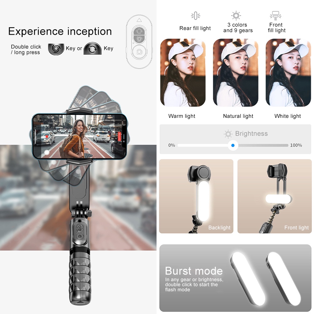 Q09 Gimbal Stabilizer Handphone Auto Balance Selfie Stick and Tripod Fill Light Gimbal Hp with Wireless Bluetooth Remote