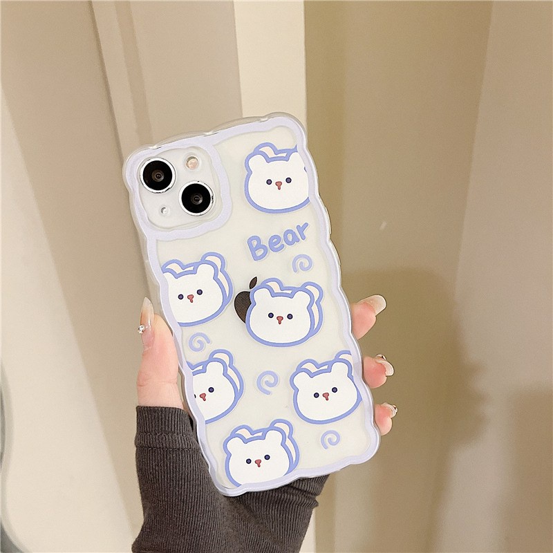 【INS Wave】Blue Line Bear Head Soft TPU Case HP iP iPhone 11 12 13 14 Pro Max 7 8 + Plus SE 2020 X XS XR Max Girl Woman Clear FTD Casing Apple