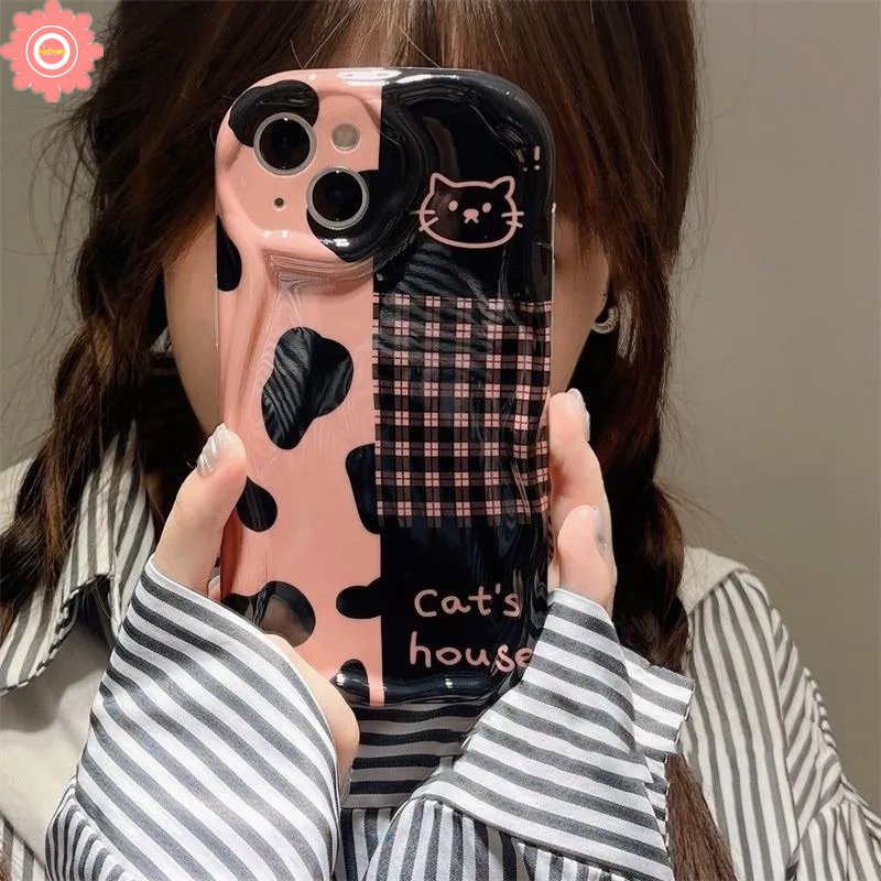 Casing Untuk Realme C35 C53 C15 C25 C25Y C33 C31 C55 5 5i 6i 7i 5s C12 C21Y C11 C20 C17 C25s C30 C21 C3 Kartun Kucing Lucu Leopard Kotak-Kotak 3D Wavy Curved Edge Glossy Soft Case