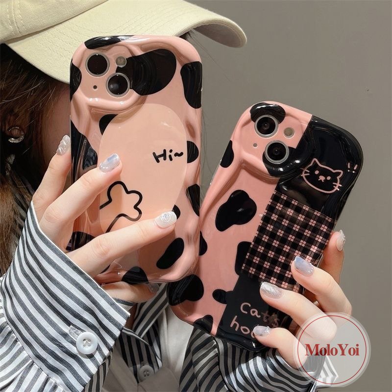 IPHONE Casing Tahan Guncangan Kotak-Kotak Leopard Kucing Lucu Kompatibel Untuk Iphone14 13 11 12 Pro Max 7Plus XR 6s 6 7 8 Plus X XS Max SE 2020 3D Wavy Curved Edge Glossy Airbag Soft Cover