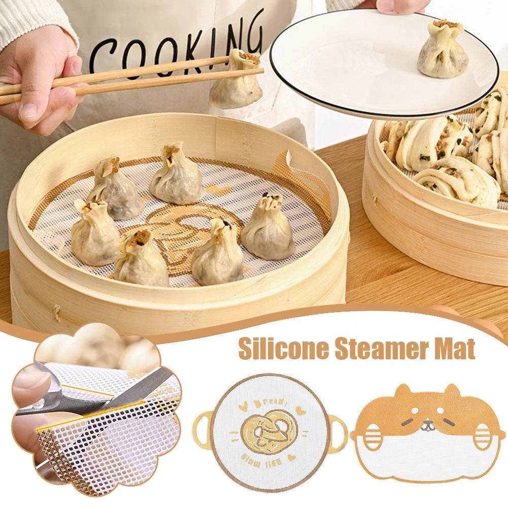 Kartun Pola Lucu Food Grade Steamer Mesh Mat Tahan Panas Non-Stick Silicone Steamer Pad Dengan Lubang Gantung Steamer Paper Pad Reusable Kitchen Bun Pastry Alat Masak