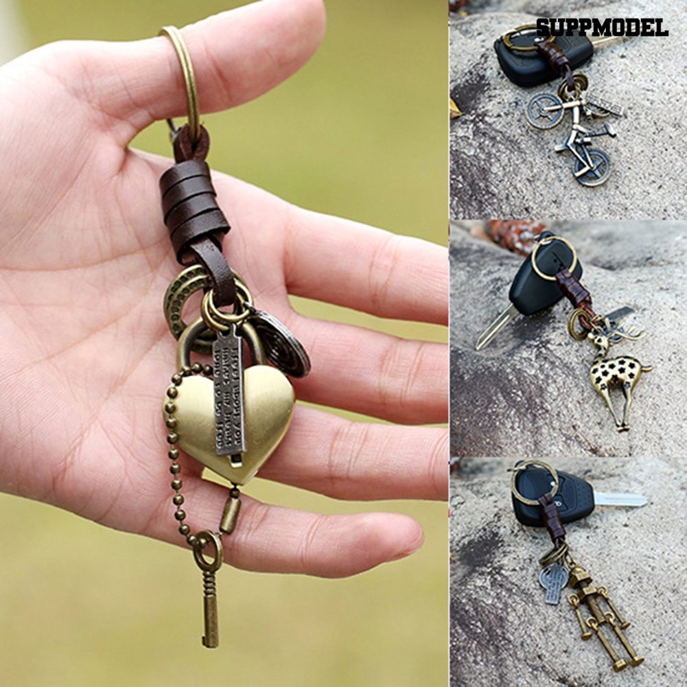 [SM Auto] Pria Punk Gantungan Kunci Sepeda Robot Rusa Liontin Kulit Sapi Retro Key Ring Tas Charm