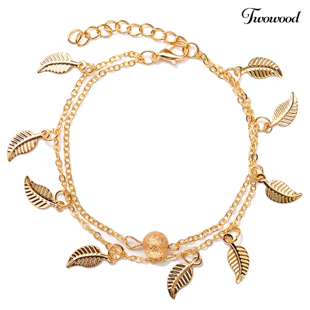 Twowood Double Layer Leaves Charm Anklet Kaki Rantai Musim Panas Wanita Sandal Ankle Bracelet