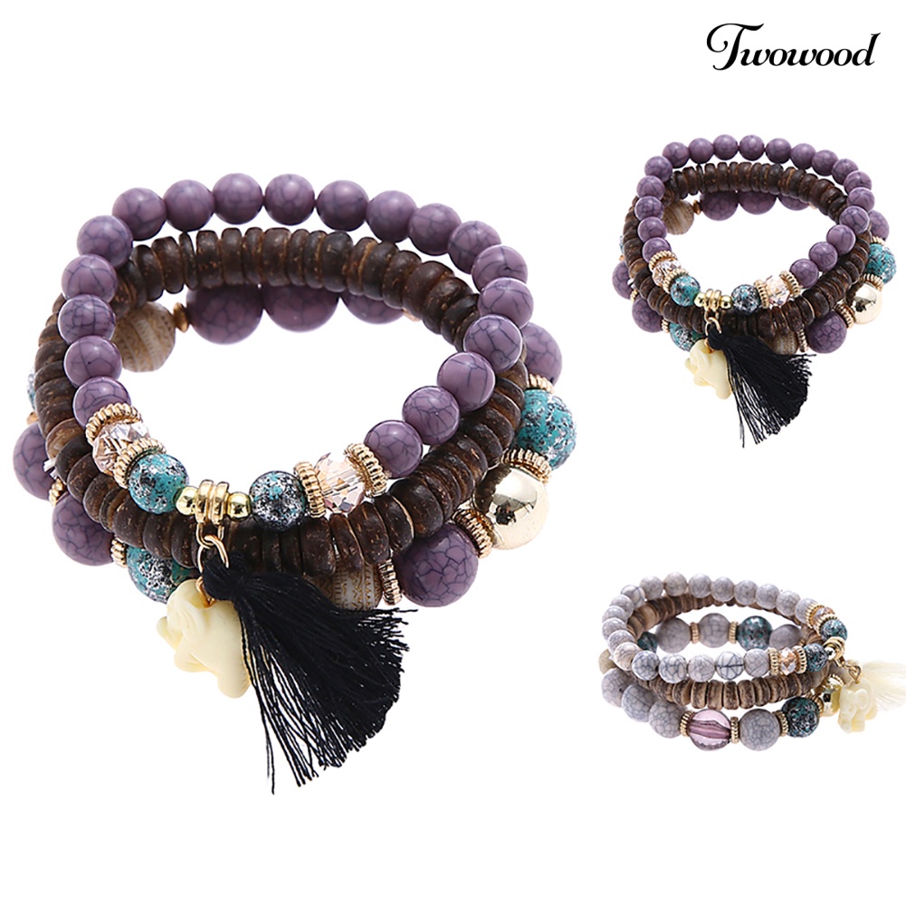 Twowood Etnik Wanita Gajah Rumbai Pesona Faux Turquoise Beads Multilayer Bracelet