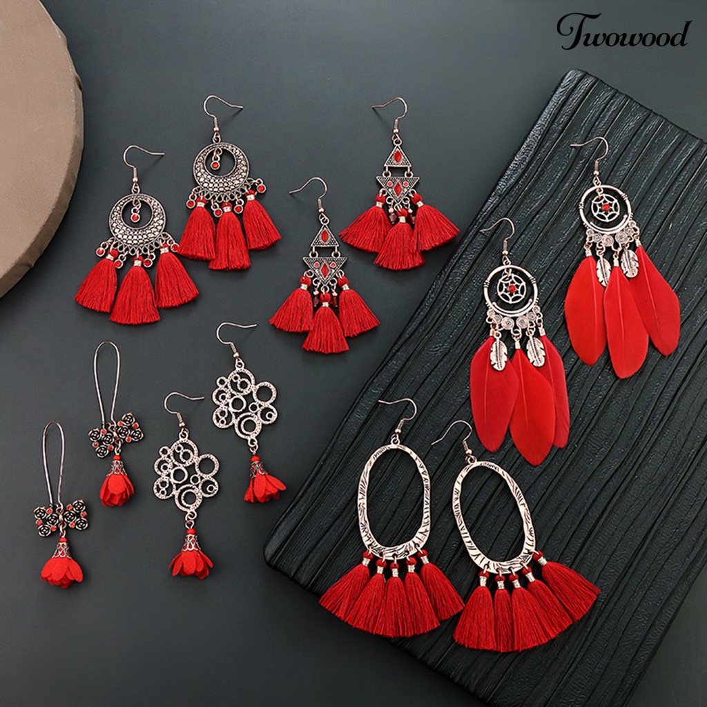 Twowood 1pasang Anting Menjuntai Rumbai Desain Perhiasan Hadiah Merah Wanita Pernikahan Drop Earrings Untuk Festival