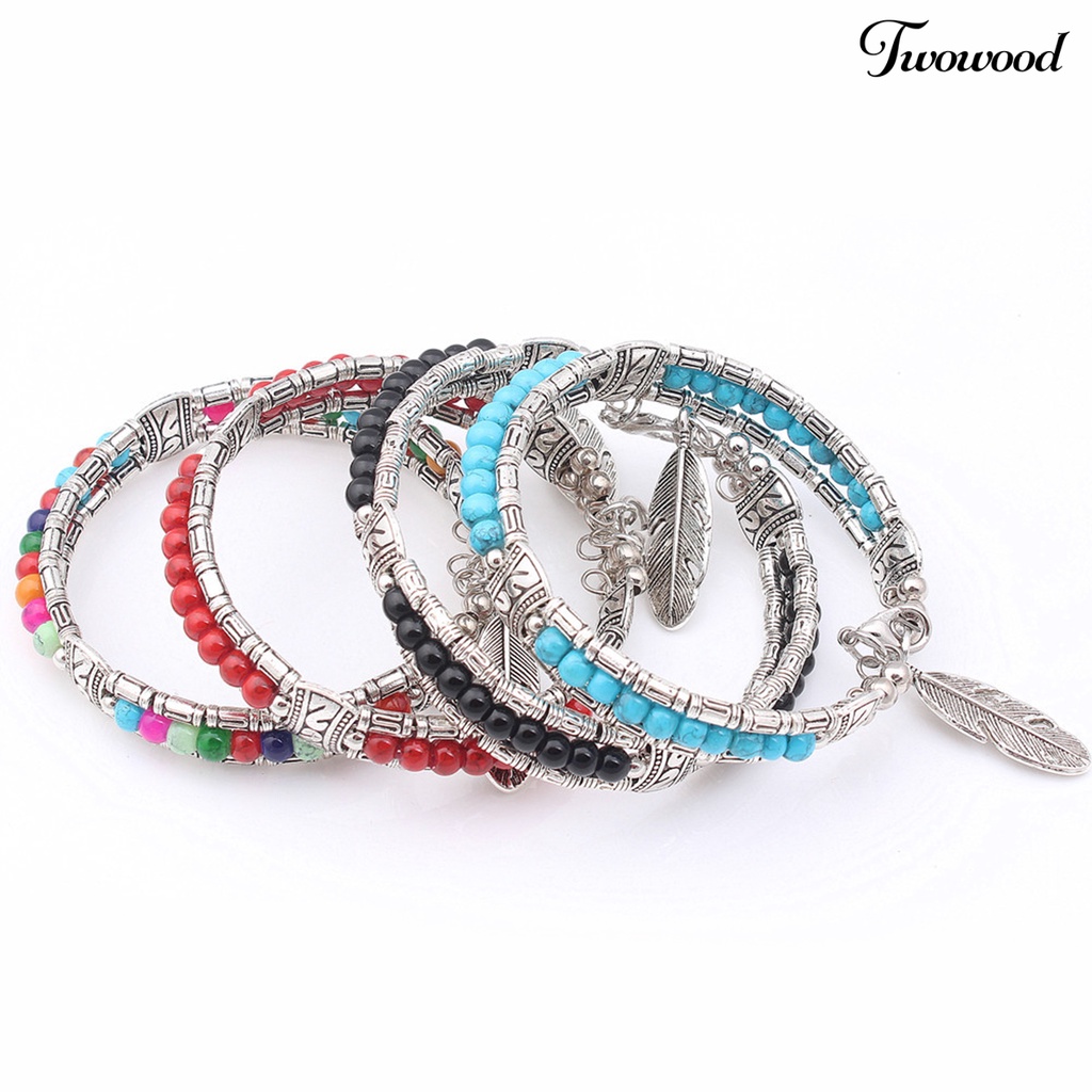 Twowood Women Bracelet Bentuk Bulu Bahan Alloy Imitasi Turquoise Tiga Lapis Women Bangles Untuk Hadiah