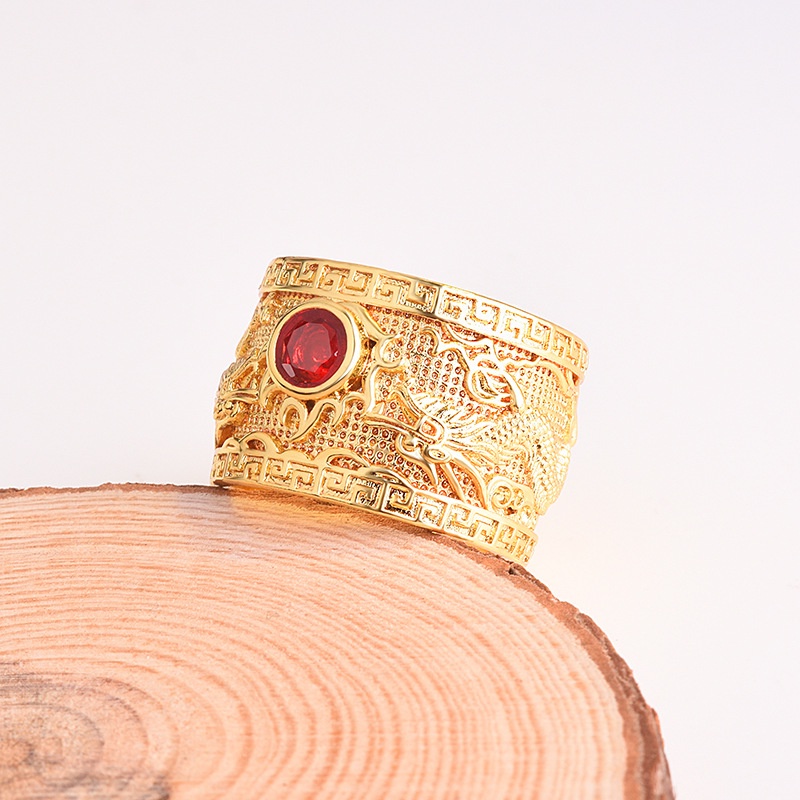 Goldkingdom Aksesoris Perhiasan Fashion Ready Stock Cincin Naga Lapis Emas Double Dragon Play Mutiara Ruby