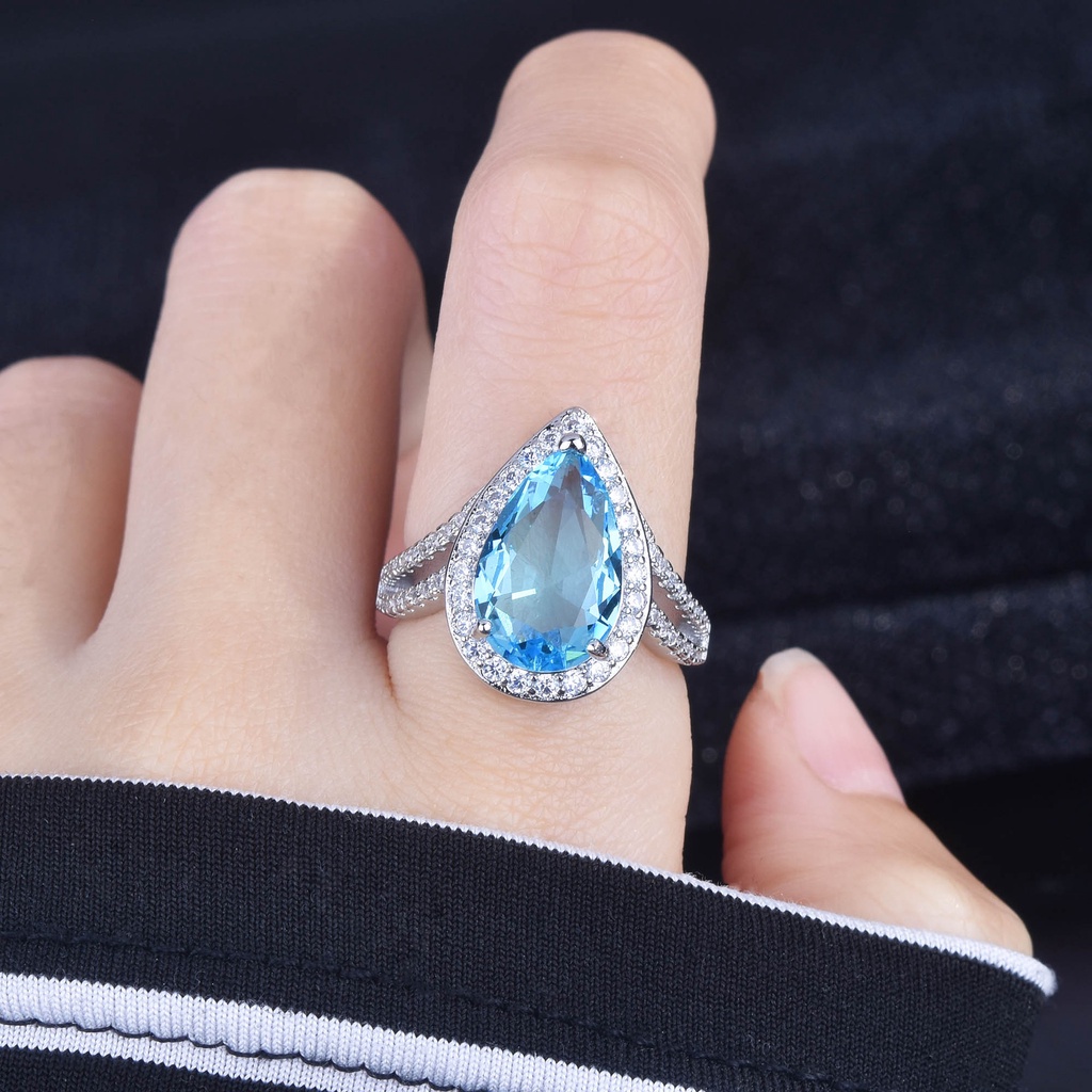 Goldkingdom Aksesoris Perhiasan Fashion Ready Stock Pertunangan Double Drop Pear-Berbentuk Santa Maria Aquamarine Ring