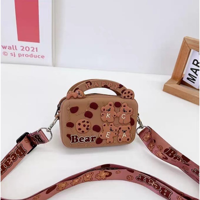 Terbaru~ Tas Selempang Anak Mini Karet Rubber Jelly Dompet Koin Kartun Karakter - Bear