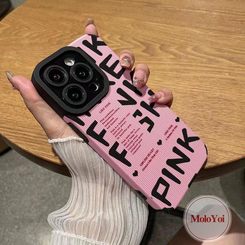 Casing Tpu Lembut Gaya Eropa Dan Amerika Kompatibel Untuk IPhone XR X XS Max8 7 Plus 11 14 12 13 Pro Max 7Plus Trendi Merek Tekstur Garis Pink Huruf Inggris Shockproof Cover