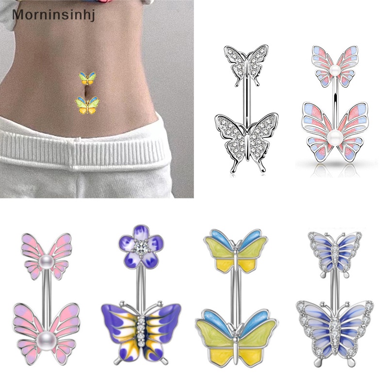 Mornin 1PC/6PCS Stainless Steel Butterfly Pearl Belly Button Ring Drip Minyak Pusar Kuku Tubuh Perhiasan Untuk Wanita Dekorasi Tubuh id