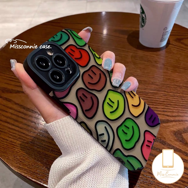 IPHONE Kartun Warna-Warni Smiley Phone Case Kompatibel Untuk Iphone11 14 12 13 Pro MAX XR 78 Plus X XS MAX 7Plus Graffiti Mewah Tekstur Kulit Lembut Shockproof Silicon Cover