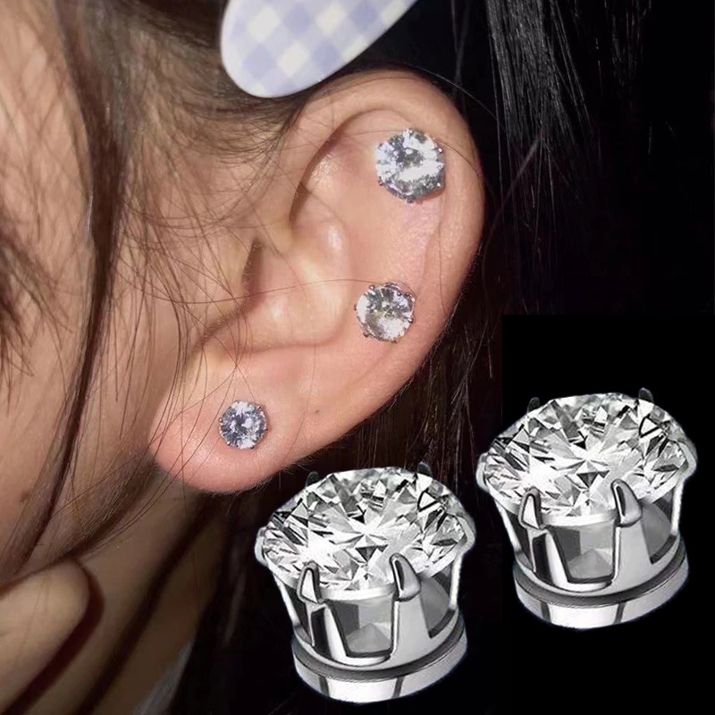 Fashion Elegan Kristal Klip Telinga Magnetik Untuk Wanita Pria Anak Ada Lubang Telinga Anting-Anting Mewah Besar Zirkon Bulat Cinta Hati Stud Earrings Tanpa Tindik Perhiasan