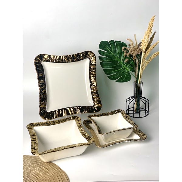 Elizabeth Collection Piring dan Mangkuk Keramik Putih Gold Motif Karat Emas Bentuk Kotak /Ceramic Wh